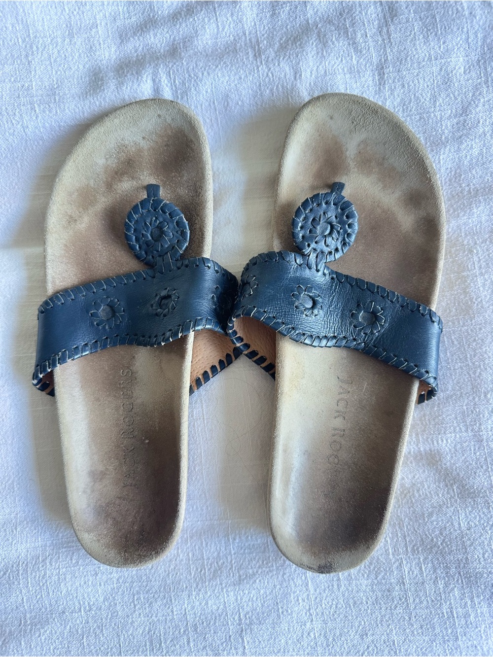 Jack Rogers Navy Leather Slide Sandals with Whipstitch Detail